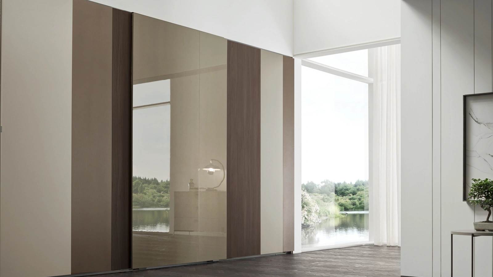 Armadio con anta scorrevole Colour in laccato opaco Canapa, laccato Bronzo metallizzato e Rovere Thea di Maronese Acf