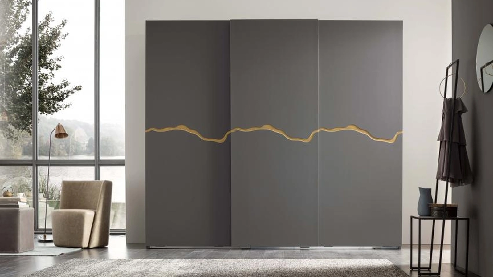 Armadio con anta scorrevole Flash Line in melaminico con decoro pantografato in laccato di Maronese Acf