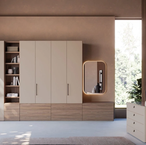 Armadio ad ante battenti Night 10 in laccato opaco Ecrù e materico Noce di Orme