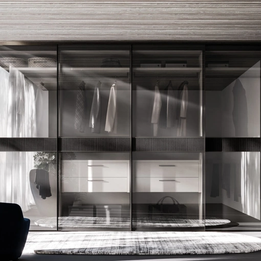 Armadio ad ante scorrevoli Night 33 in vetro bronzato e melaminico Carbone Rigato di Orme