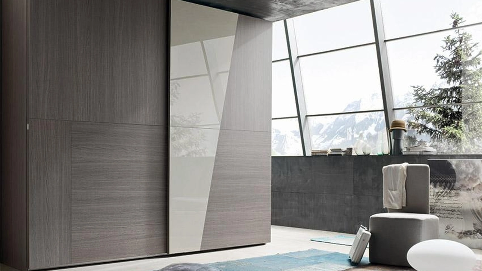 Armadio con anta scorrevole Royal in melaminico Olmo grigio e vetro laccato canapa di Maronese Acf