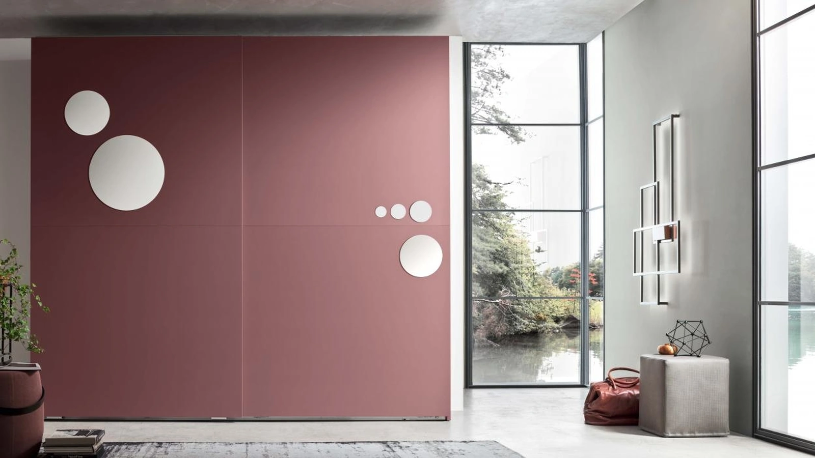 Armadio con ante scorrevoli Sfera in laccato opaco con specchi tondi applicati di varie grandezze di Maronese Acf
