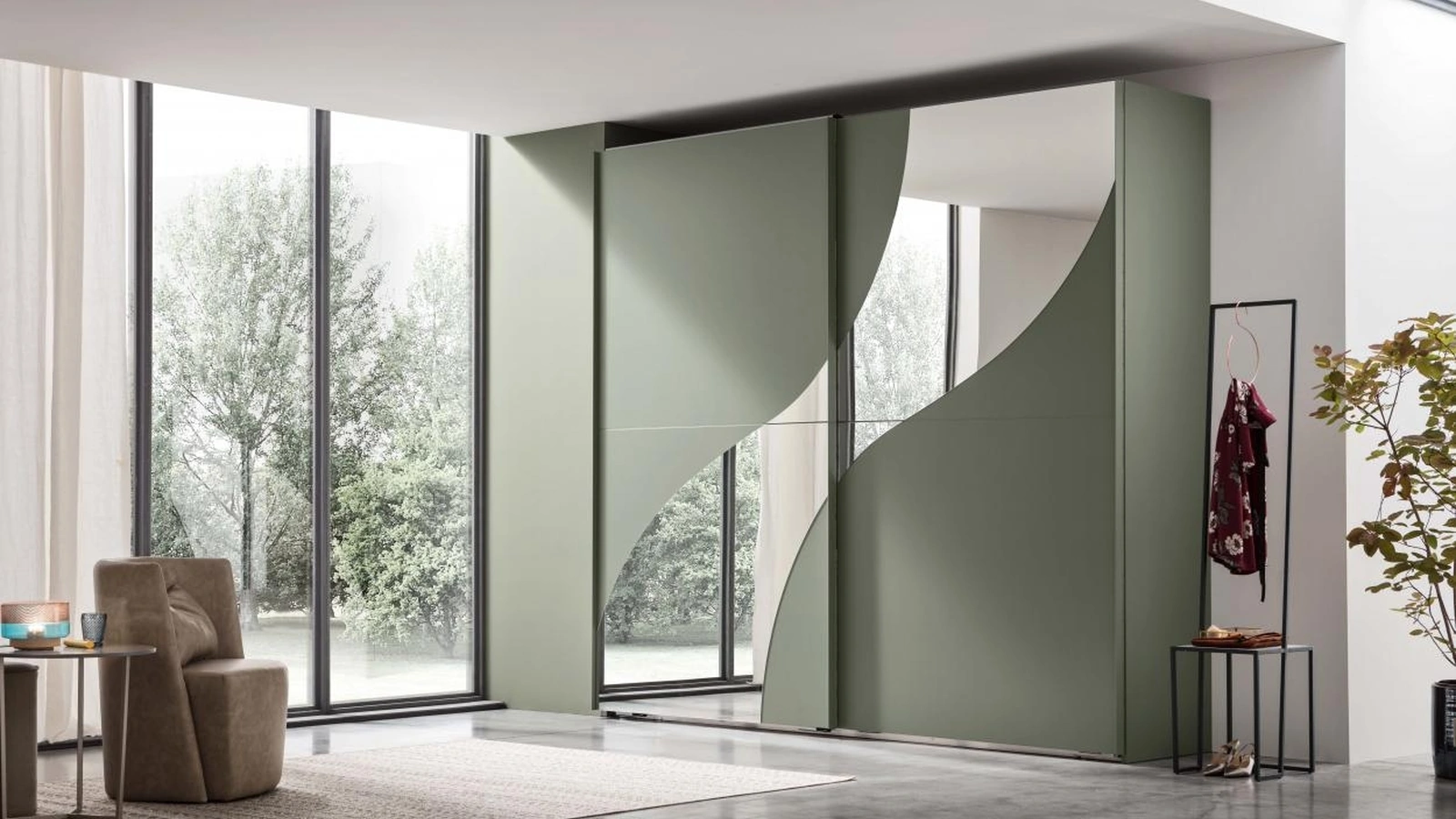 Armadio con anta scorrevole Tenda in laccato Verde palude con decorazione a onda di Maronese Acf