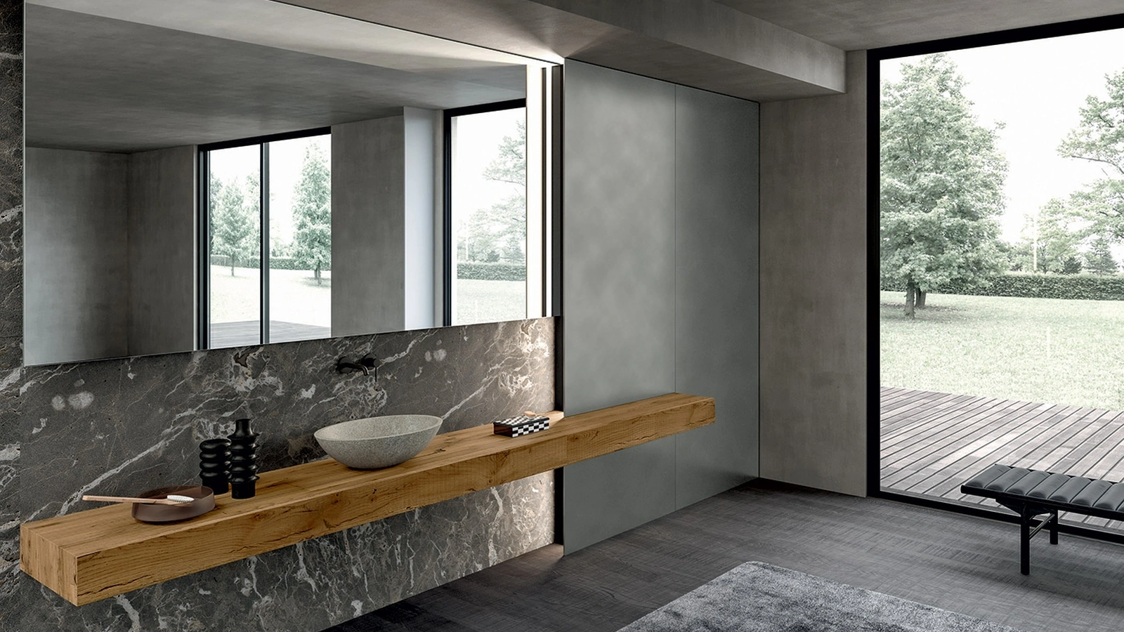 Mobile da Bagno sospeso in legno antico di Quercia con boiserie in pietra Blade 04 di Modulnova bagni