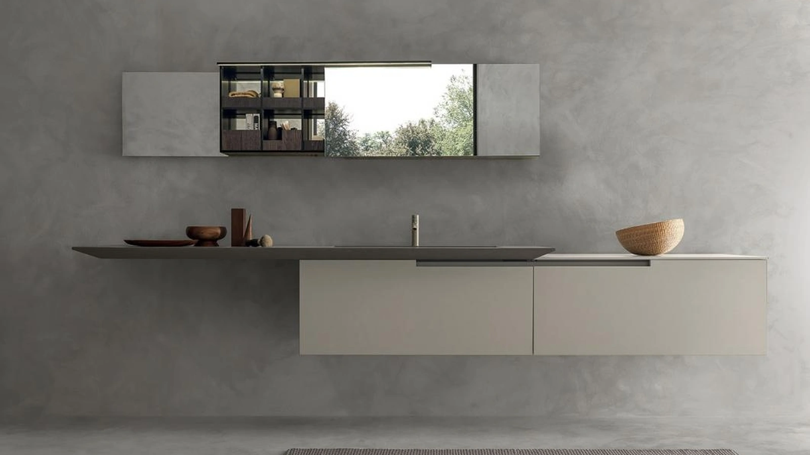 Mobile da Bagno sospeso laccato opaco Beige con top in gres Cross di Modulnova bagni
