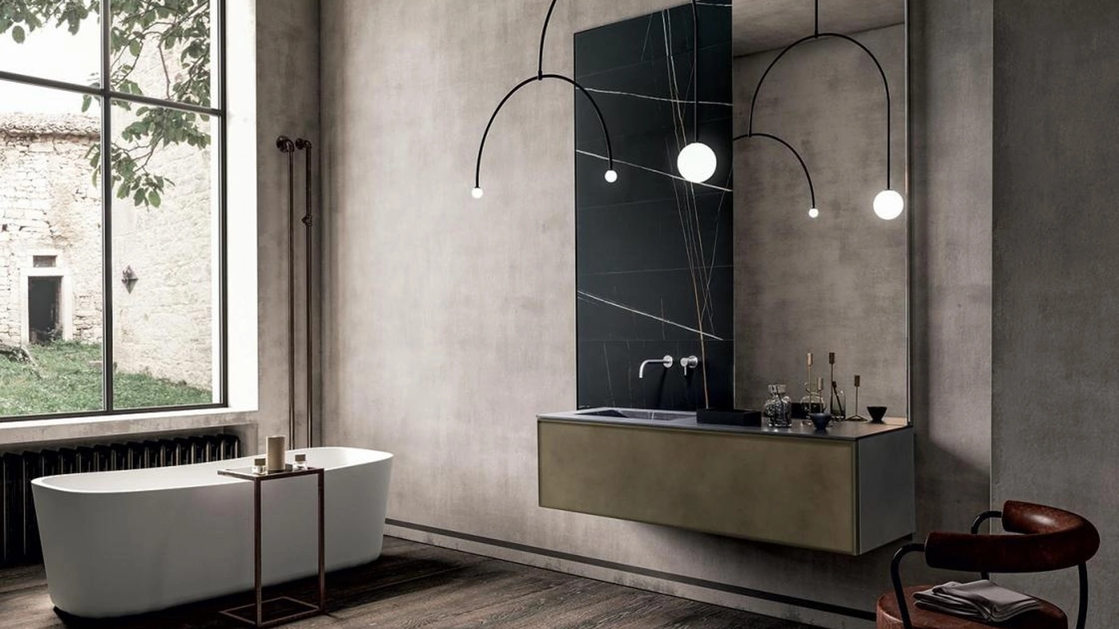 Mobile da Bagno sospeso con finitura metallica Bronze Dust e top in gres Sahara noir Frame 02 di Modulnova bagni