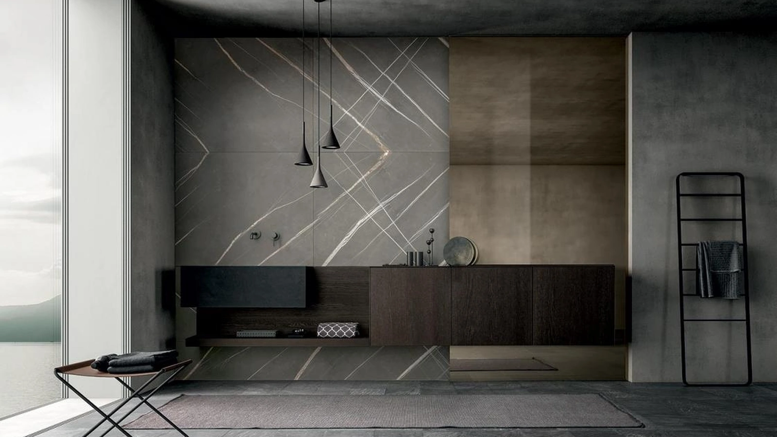 Mobile da Bagno sospeso in Rovere caffè con lavabo in granito Nero assoluto opaco MH6 di Modulnova bagni