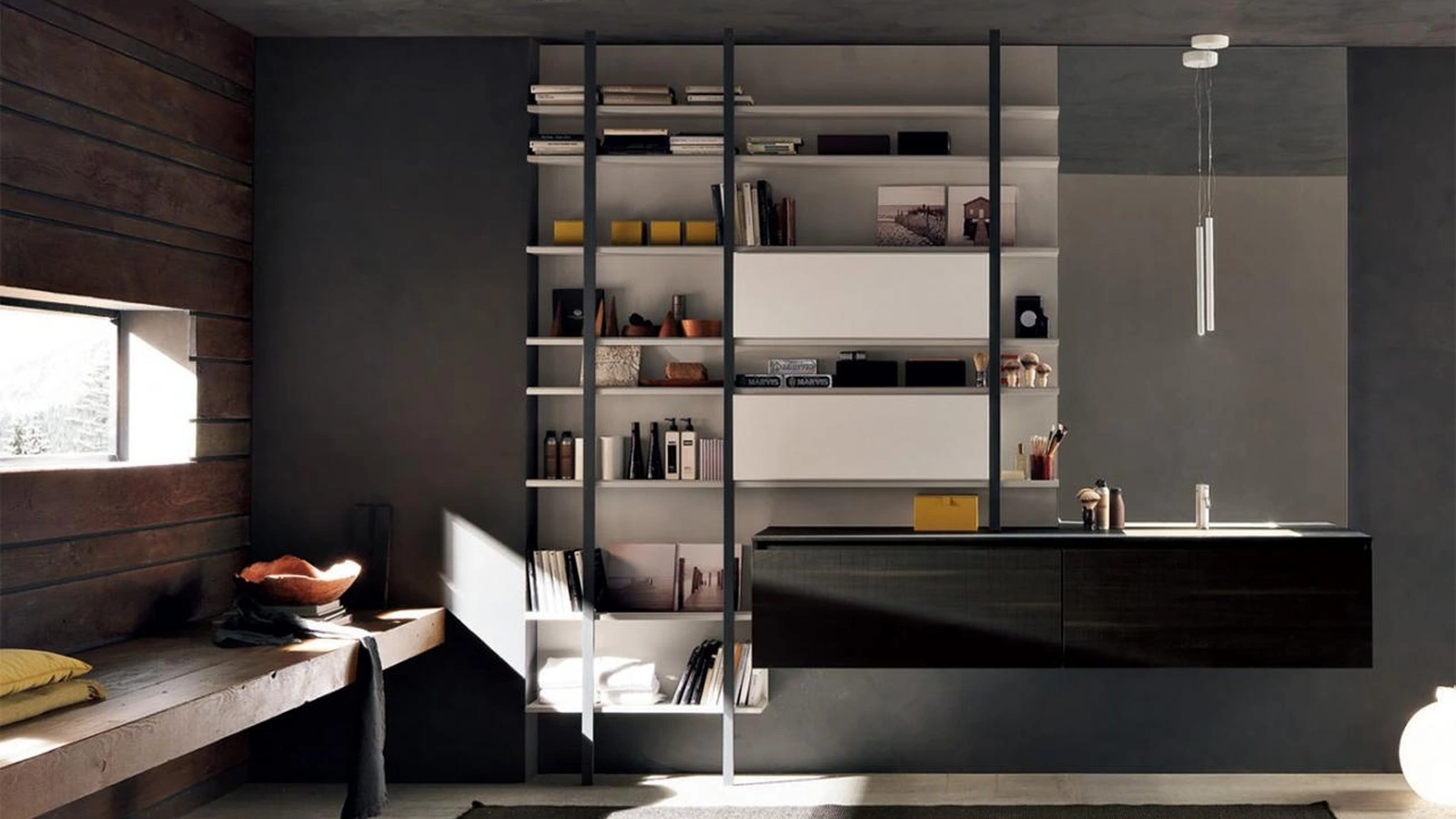 Mobile da Bagno sospeso in laminato Rovere Carbone MH6 Gola di Modulnova bagni