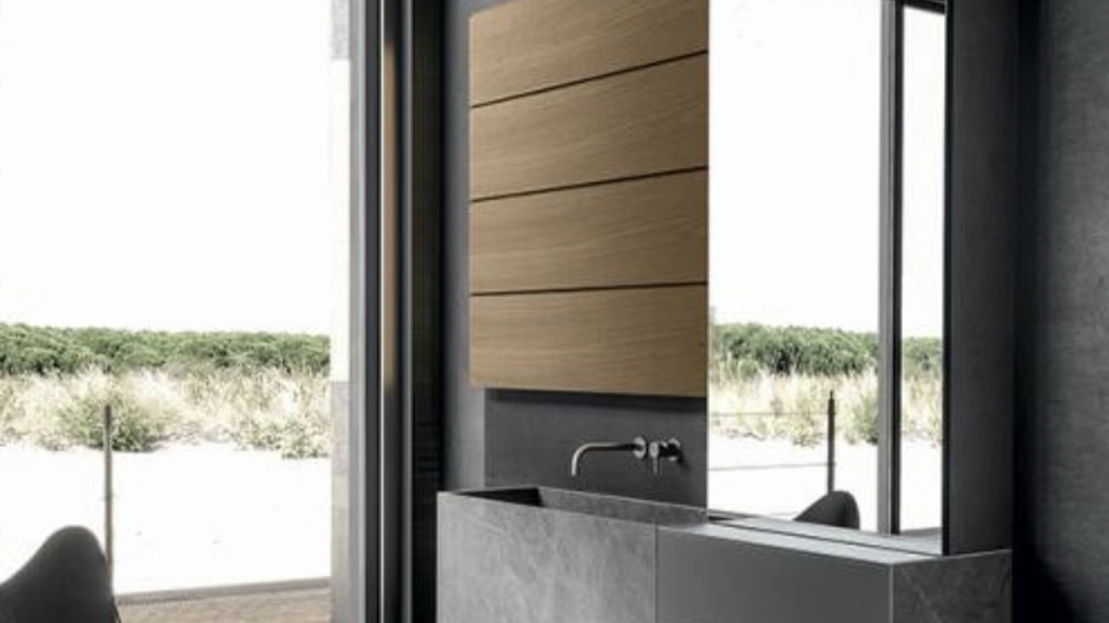 Mobile da Bagno sospeso Blade 02 in gres stone Grey, vetro satinato e boiserie in Noce di Modulnova bagni