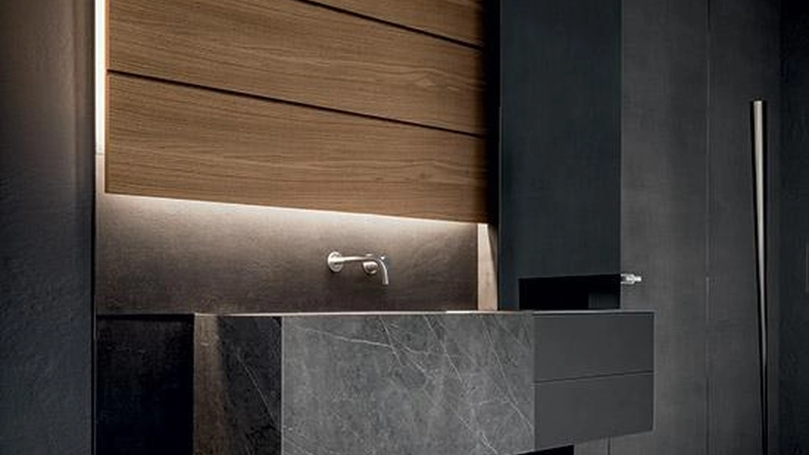 Mobile da Bagno sospeso Blade 02 in gres stone Grey, vetro satinato e boiserie in Noce di Modulnova bagni