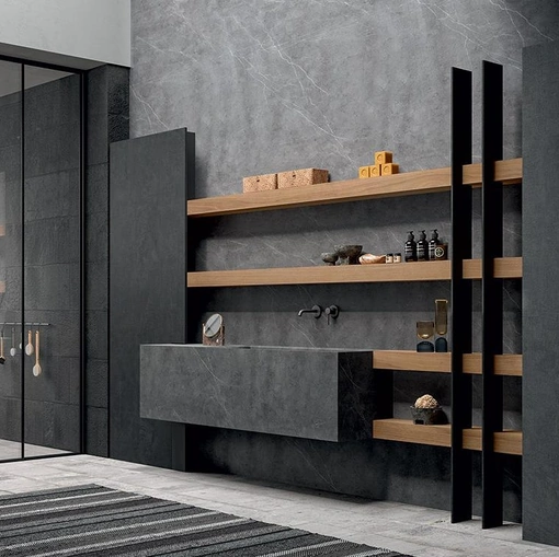 Mobile da Bagno sospeso Blade 03 in gres con mensole in Noce di Modulnova bagni