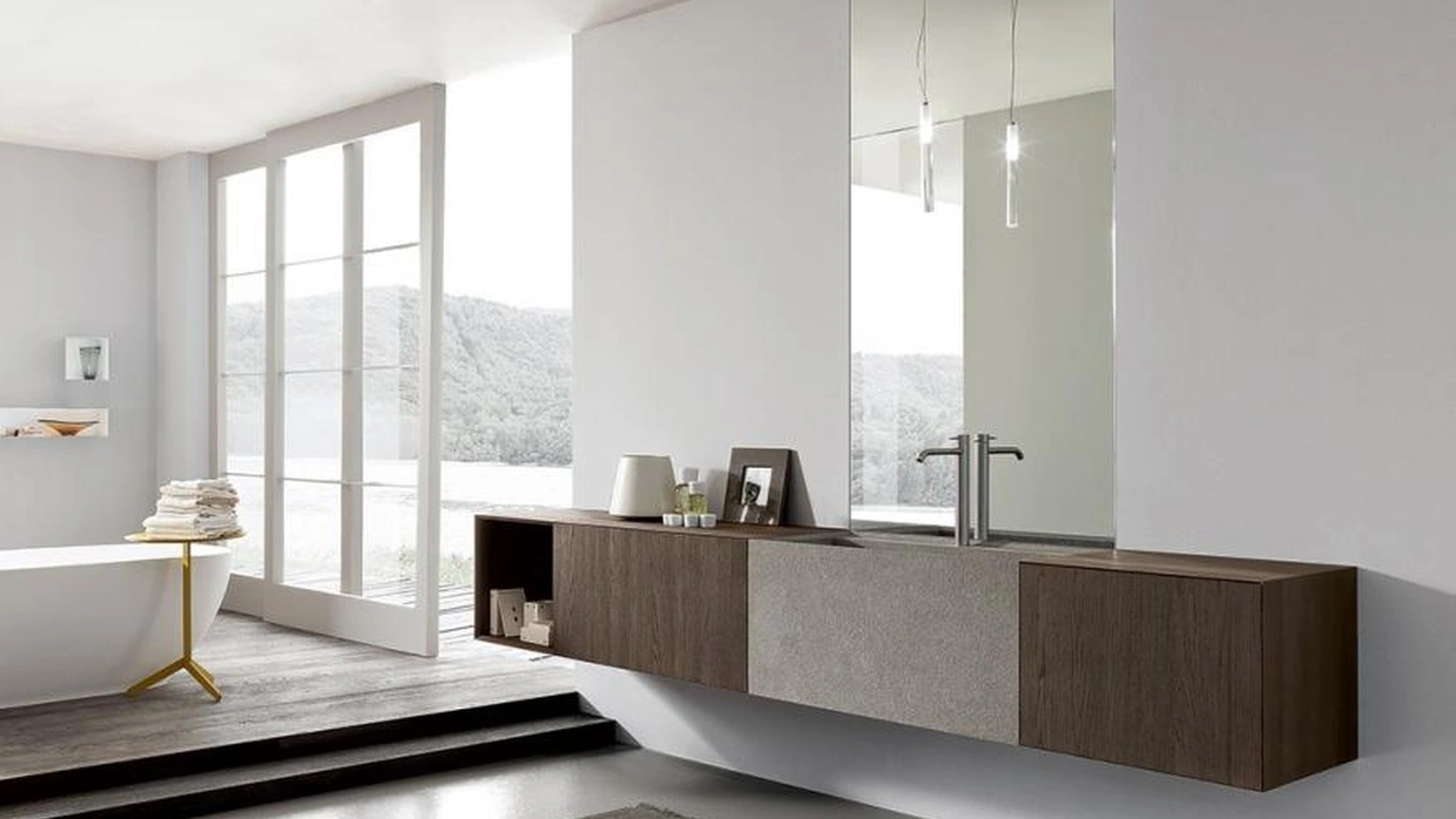 Mobile da Bagno sospeso in Rovere ossidato e pietra piasentina More di Modulnova bagni