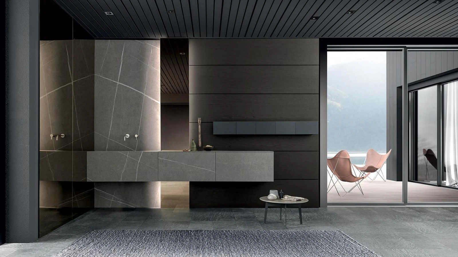 Mobile da Bagno sospeso in gres senda con contenitori porta oggetti in alluminio nero Skill Gres 01 di Modulnova bagni