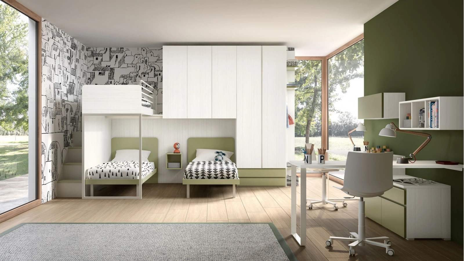 Camera con soppalco a tre letti con scrivania Room 159 di Zg Mobili