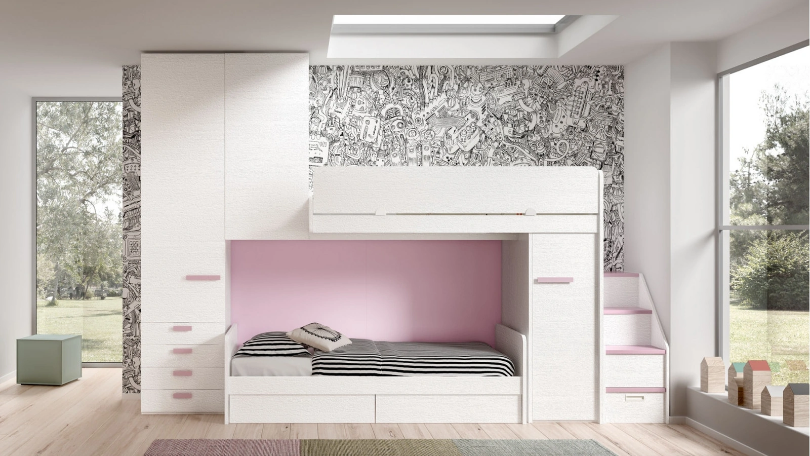 Camera finitura Bianco e Rosa con soppalco Room171 di Zg Mobili