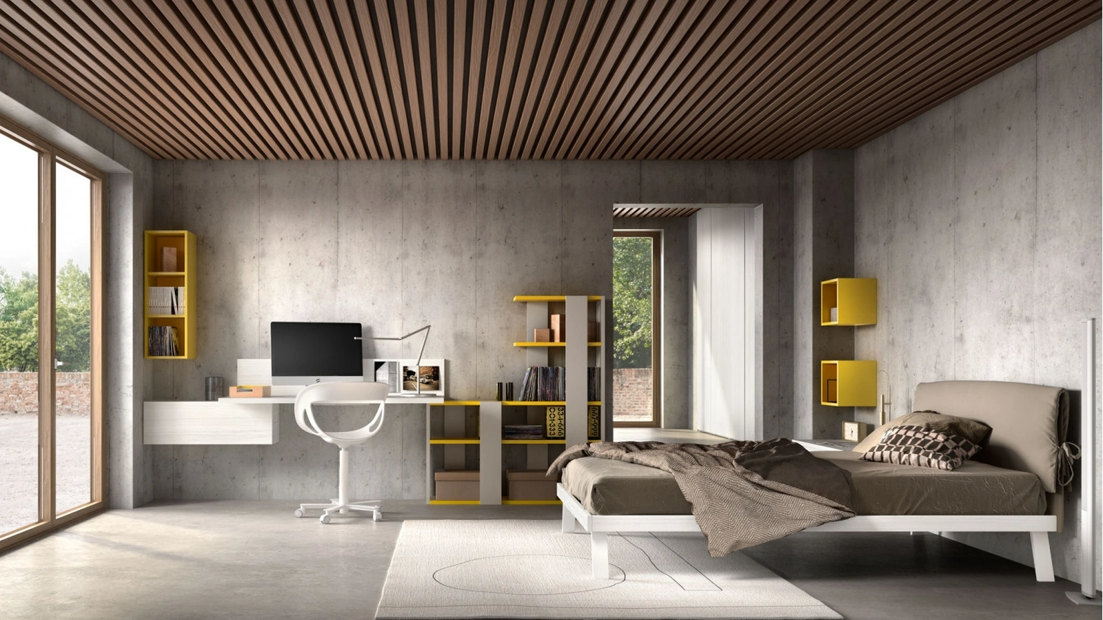 Camera per single Room105 con parete studio di Zg Mobili