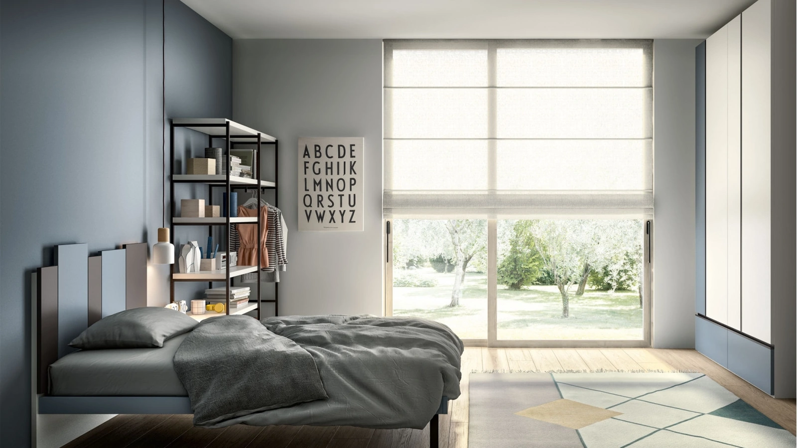 Camera per single Room112 con libreria di Zg Mobili