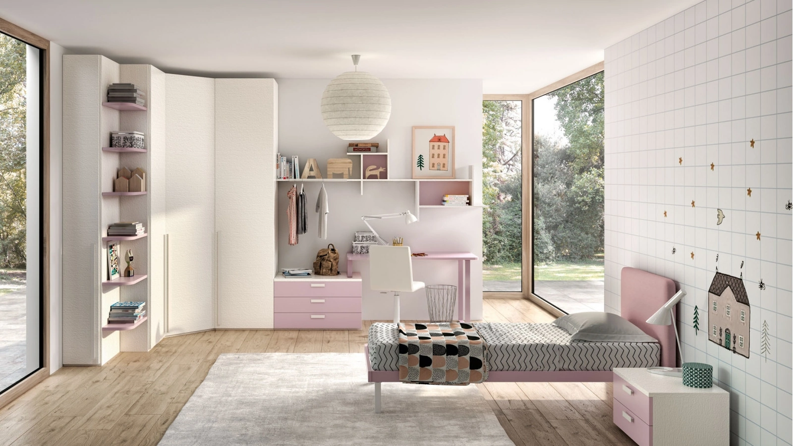 Camera per teenager Room129 con armadio angolare e scrivania di Zg Mobili