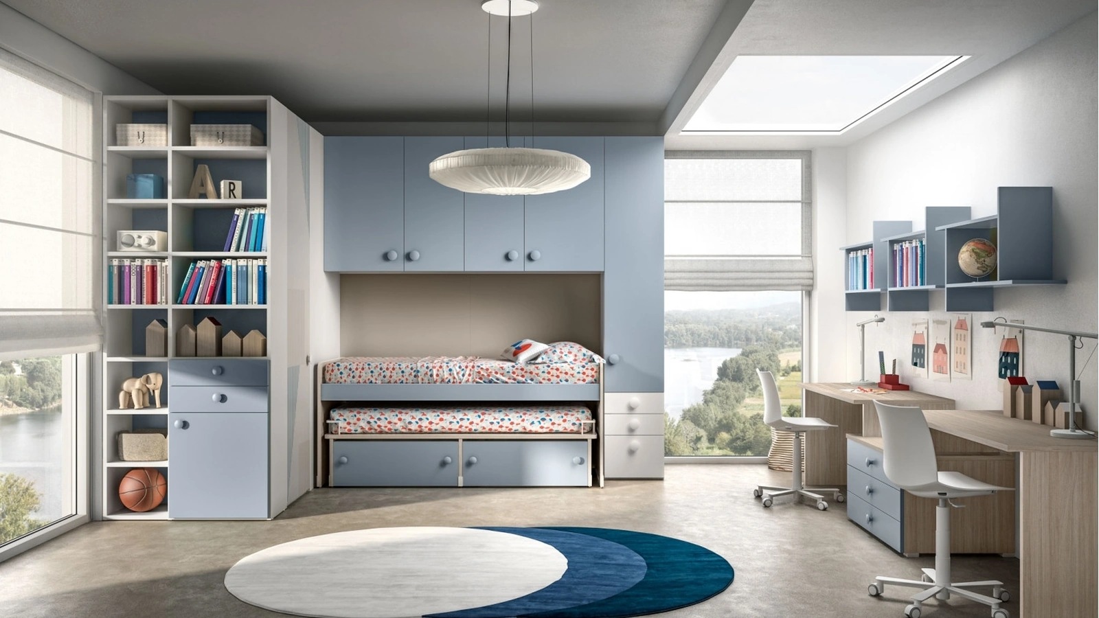 Camera con ponte angolare Room 142 con due letti e due scrivanie di Zg Mobili