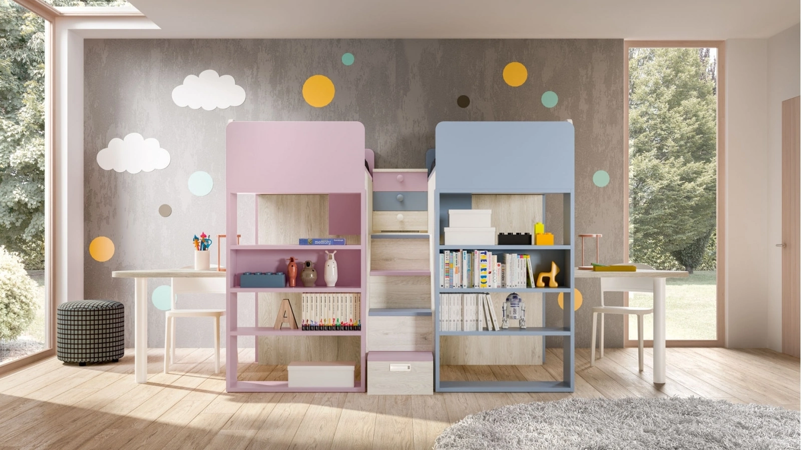 Camera con doppio soppalco con scrivanie Room 165 di Zg Mobili