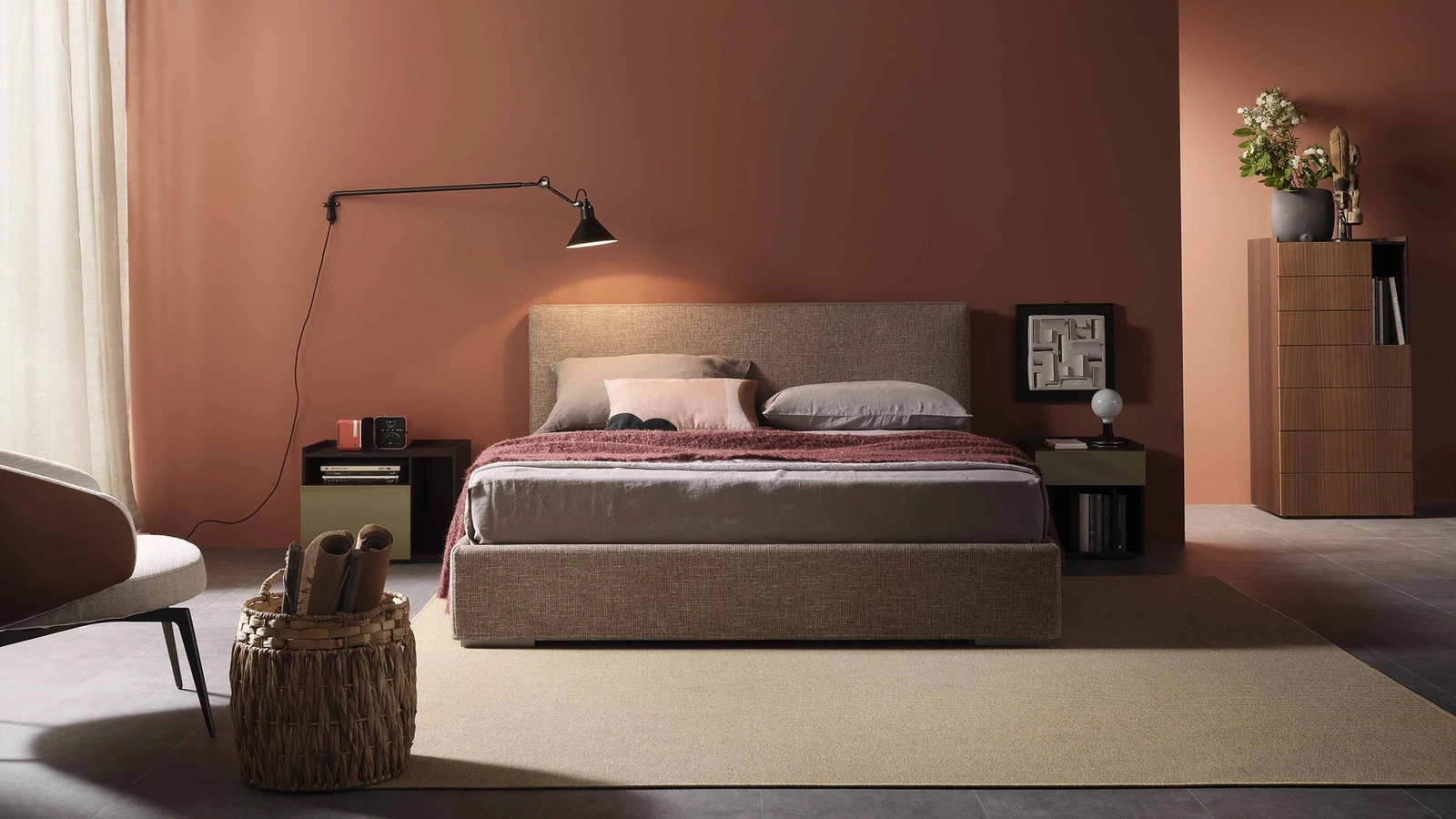 Letto matrimoniale in tessuto imbottito con box contenitore Camille di Lema