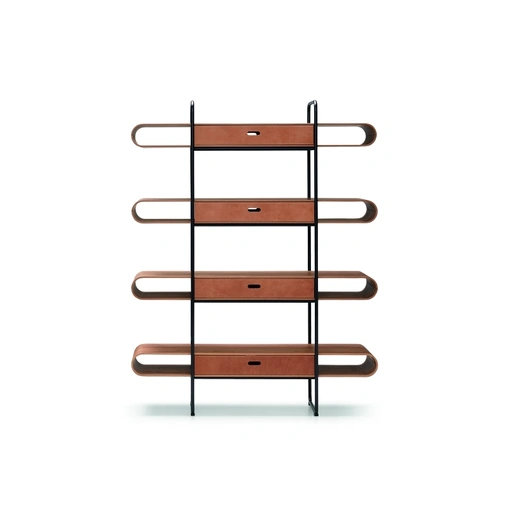 Libreria Apelle in metallo con ripiani in legno e cassetti in cuoio di Midj