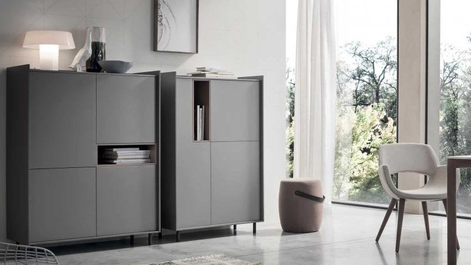 Madia Alta Laila LA003 e LA004 in melaminico Rovere Avena, Grafite e laccato magma opaco di Maronese Acf