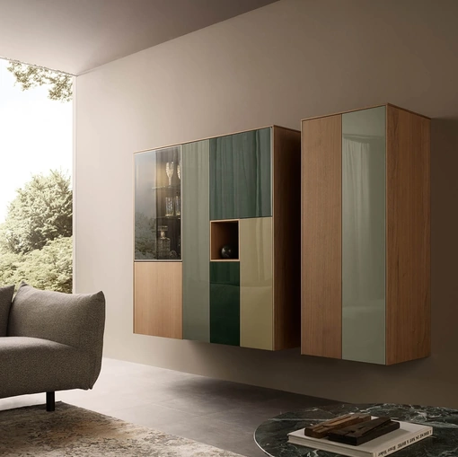 Mobile sospeso Sistema LT40 Mix Laccati lucidi e legno di Lema