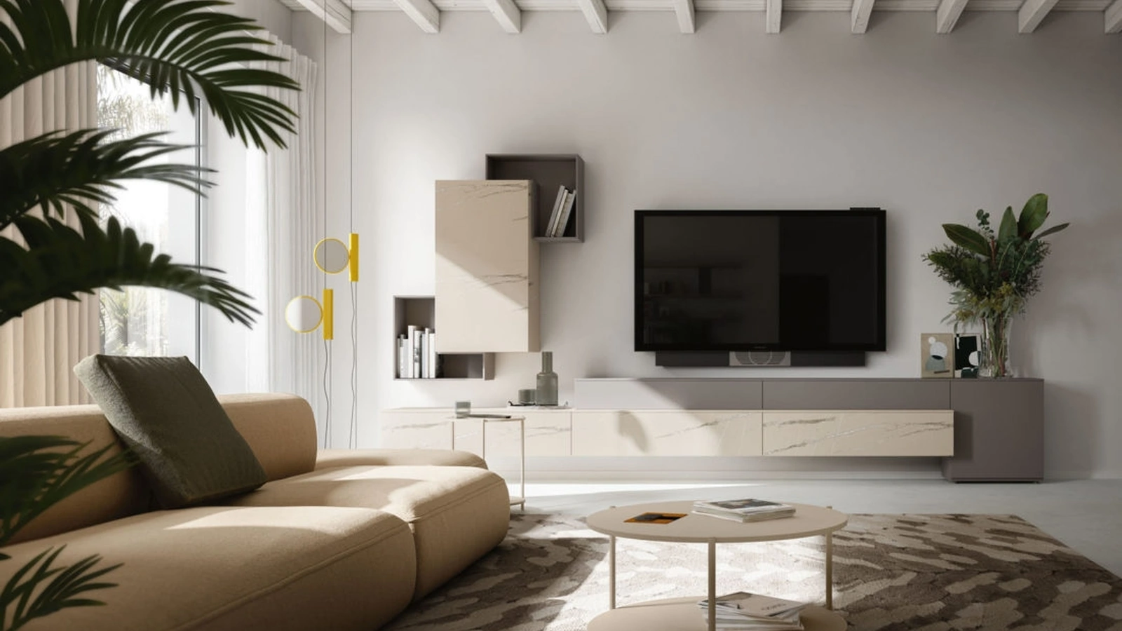 Parete Attrezzata sospesa Day 33 in melaminico Platino, Tortora e Marmo di Orme