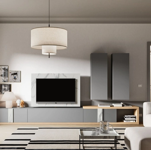 Parete Attrezzata Day 36 in melaminico Grigio e Marmo e materico Rovere di Orme