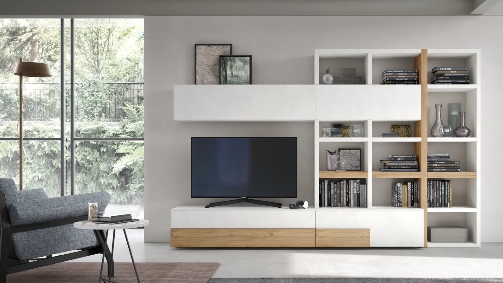 Parete Attrezzata Seta Spalla SA2215 in melaminico Rovere Nodato e Cemento Bianco di Maronese Acf