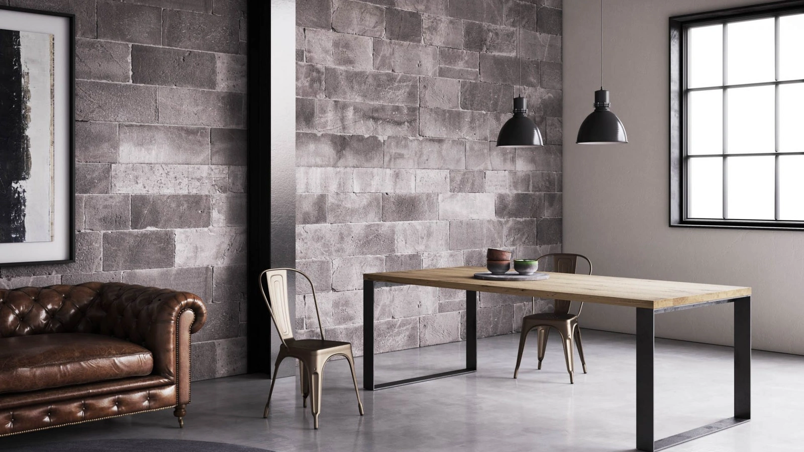 Tavolo in legno impiallacciato Rovere con gambe in metallo finitura ferro Squared T di Pizzolato