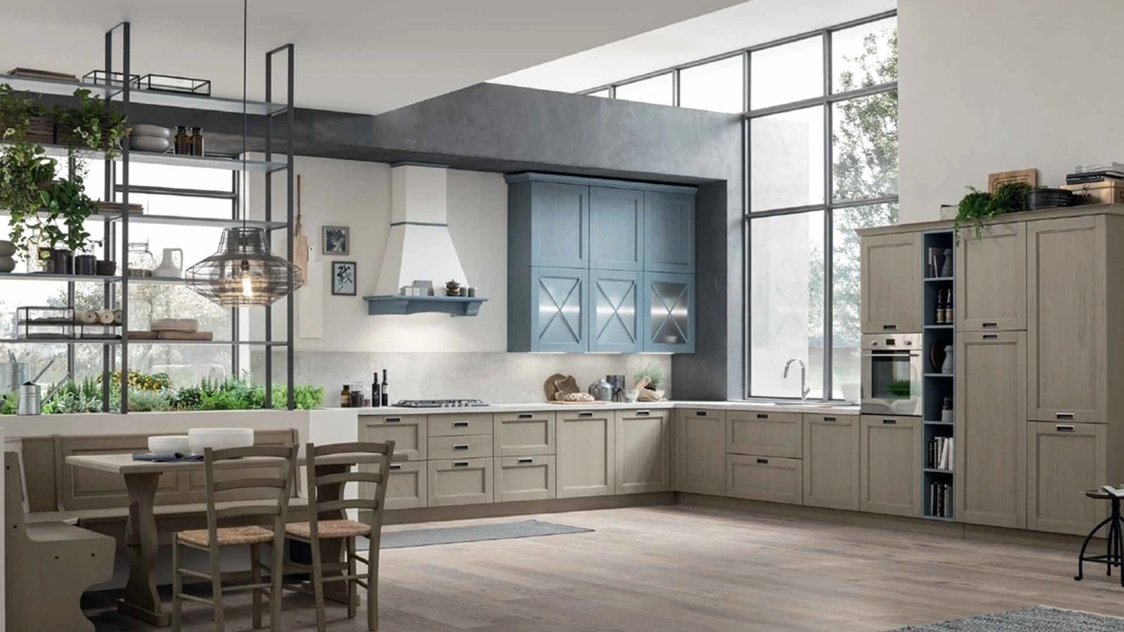 Cucina Classica angolare Eva 05 in Tinta Cemento e Azzurro di Arrex