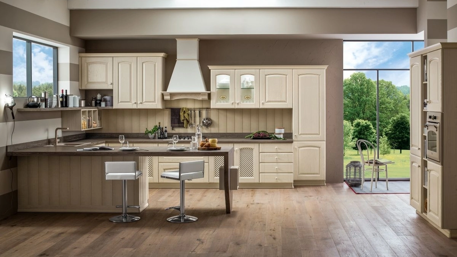 Cucina Classica con penisola Magda 03 in legno di Rovere Decapè Bianco di Arrex