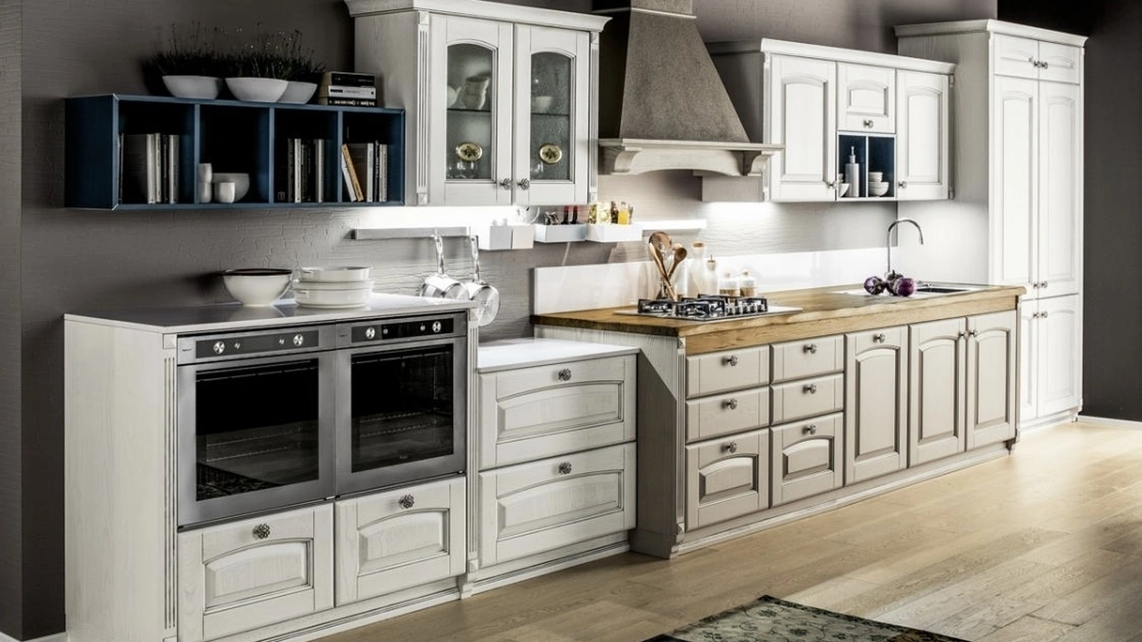 Cucina Classica lineare Magda 05 in legno di Rovere Decapé Gesso e Ecru di Arrex