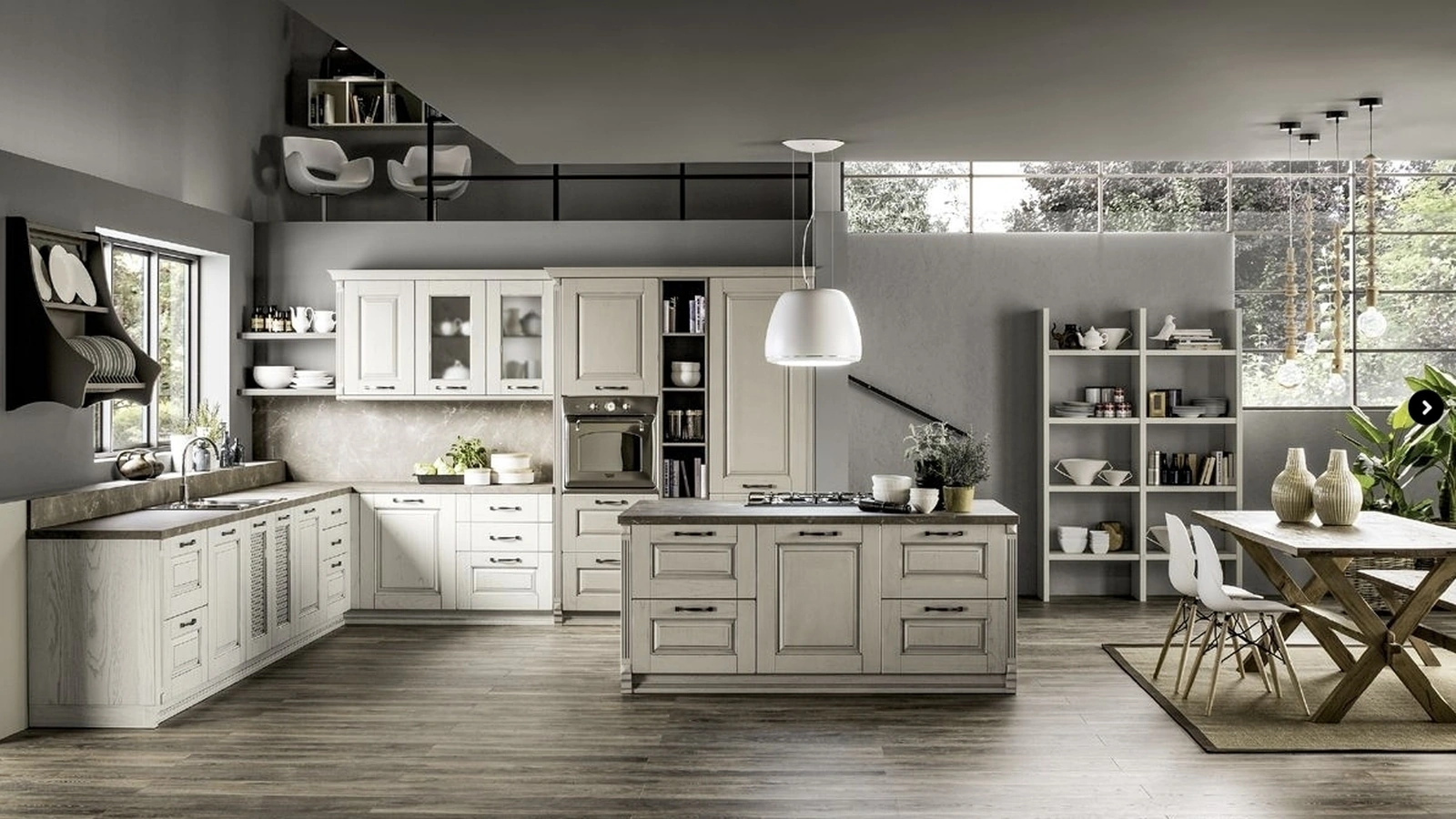 Cucina Classica angolare con isola centrale Nora 02 in legno Decapé Gesso ed Ecru di Arrex