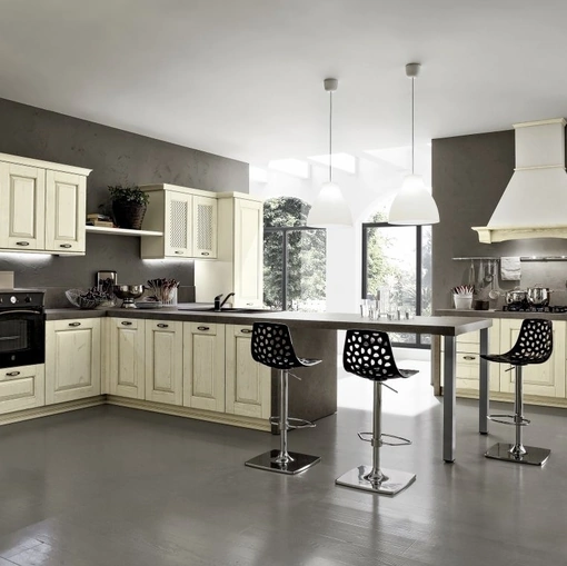 Cucina Classica con penisola Nora 06 in legno laccato Decapé Bianco Antico di Arrex