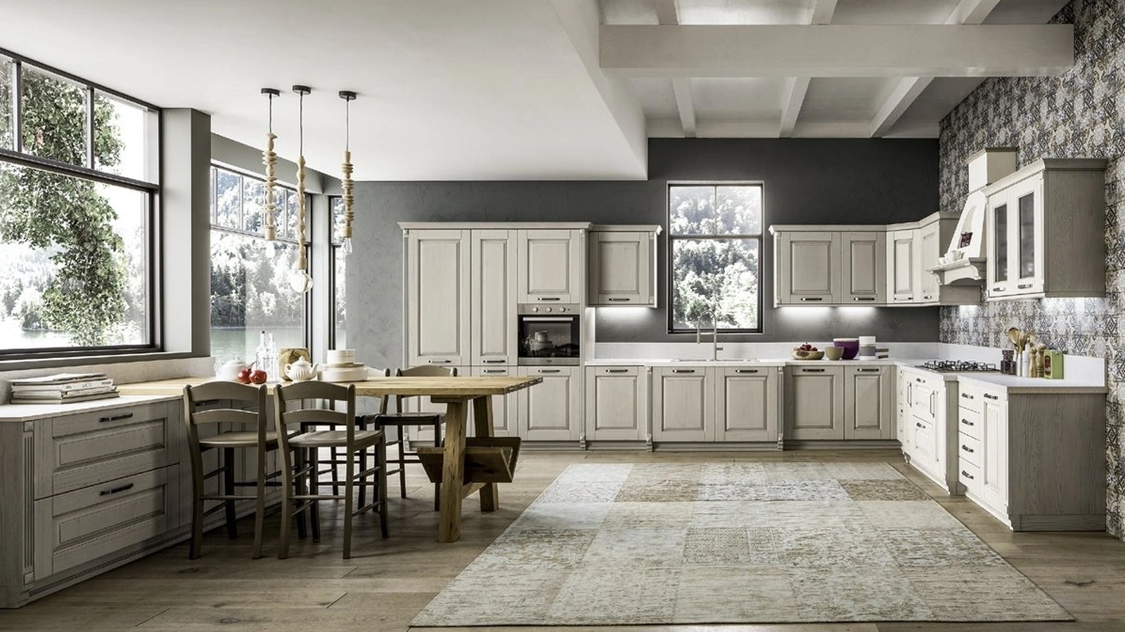 Cucina Classica angolare Nora 04 in legno laccato Decapé Ecru di Arrex