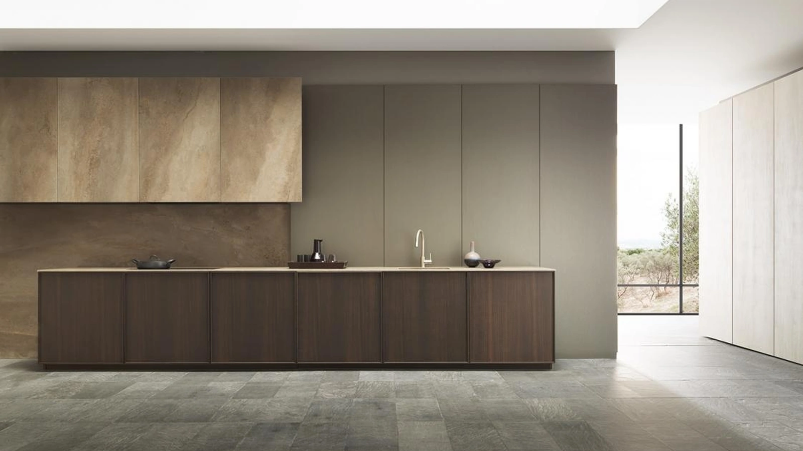 Cucina Design lineare Frame finitura impiallacciato Eucalipto e Gres Vintage di Modulnova