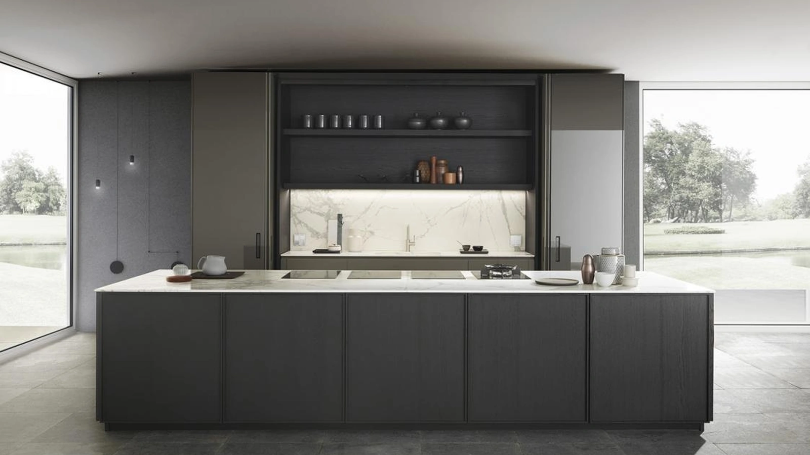 Cucina Design con isola Frame finitura impiallacciato Rovere Fumo e laccato lucido Grey con top in Gres Syros di Modulnova