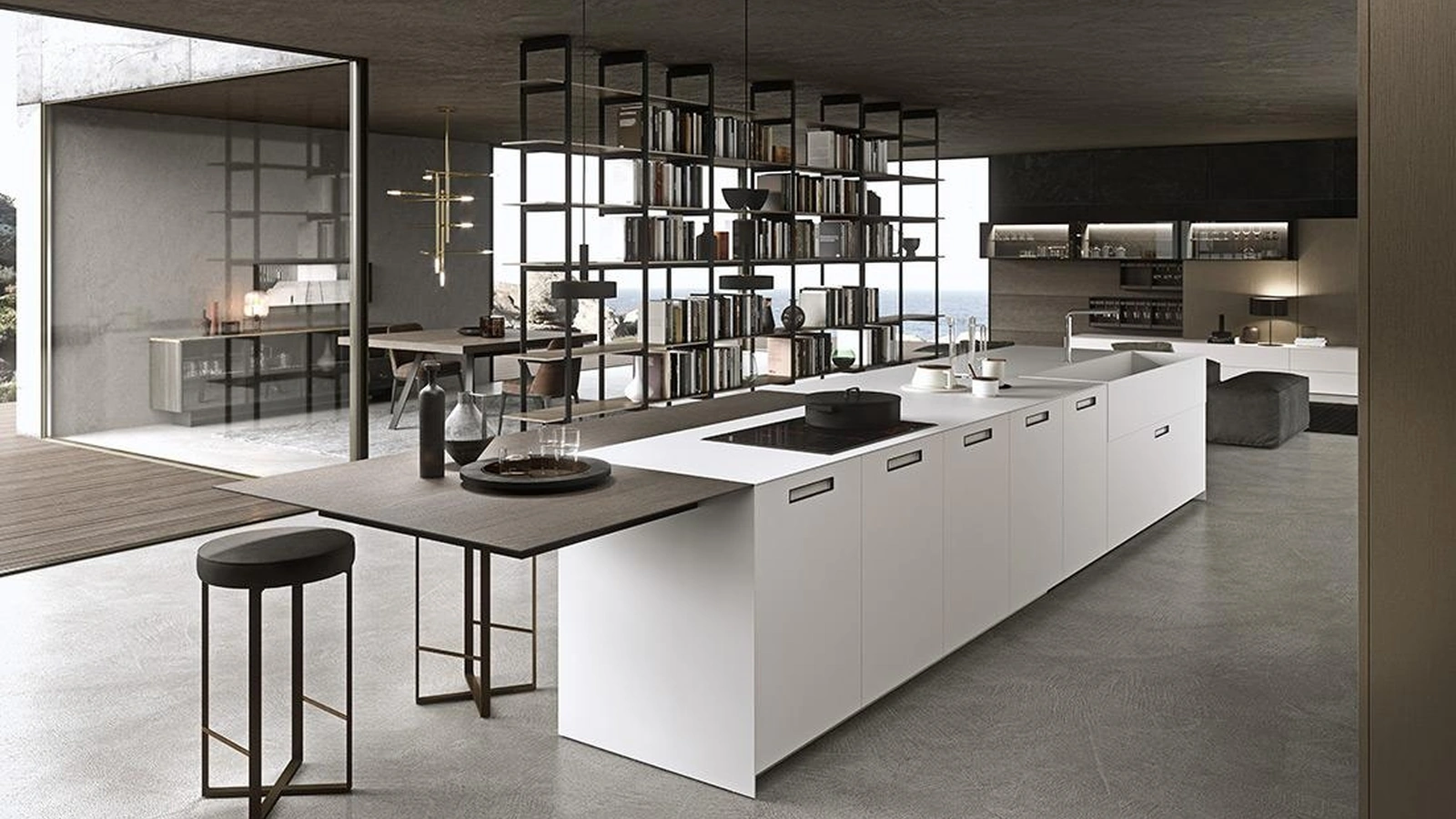 Cucina Design MH6 con isola in laccato Bianco satinato e piano snack impiallacciato Eucalipto di Modulnova