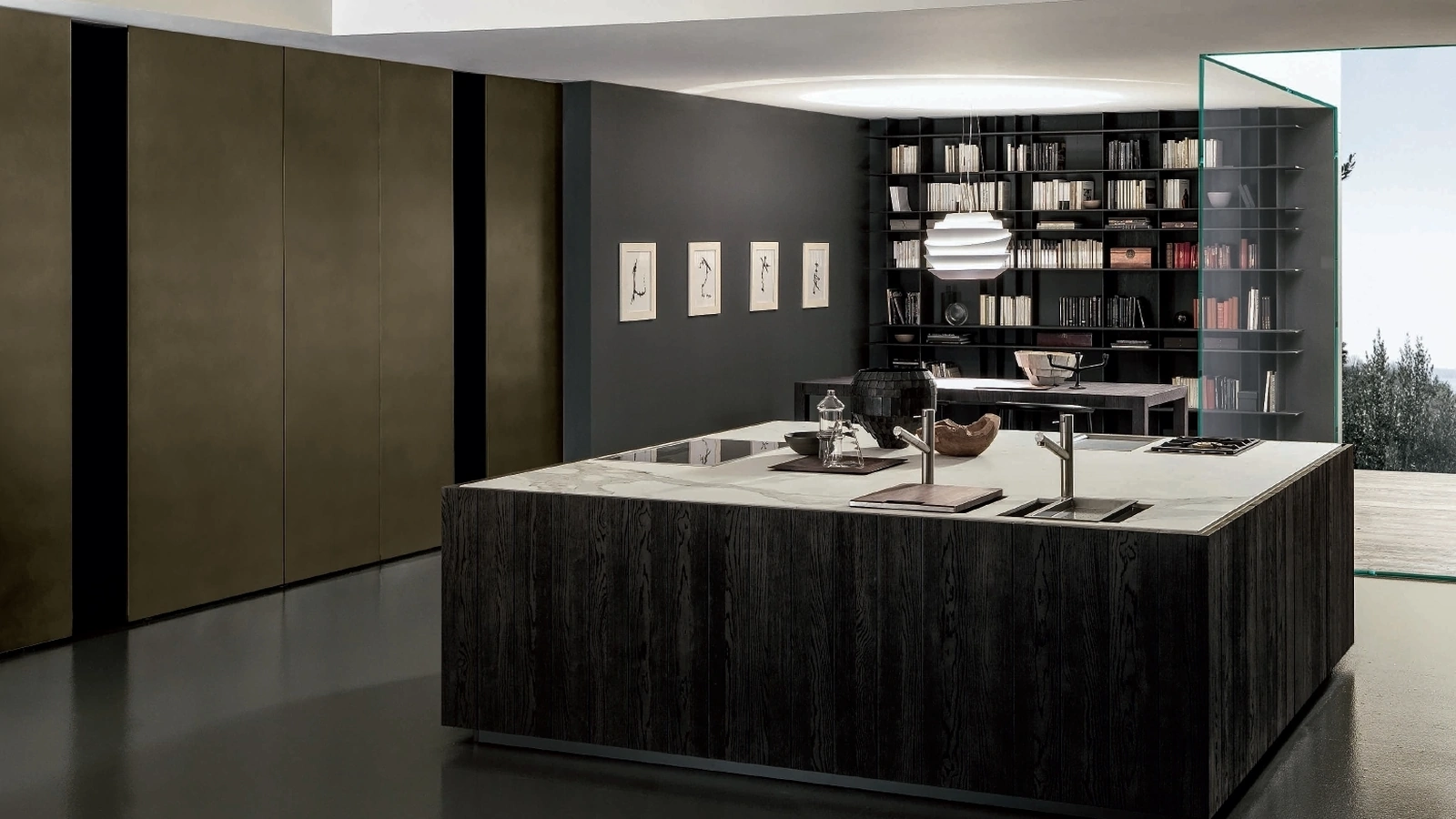 Cucina Design con isola finitura Float Rovere Fumo con top in Gres Calacatta di Modulnova