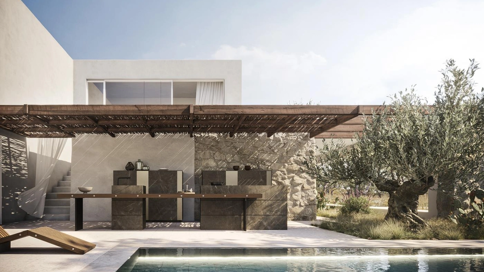 Cucina Design per esterno con isola Project 01 in gres e legno massello di Modulnova