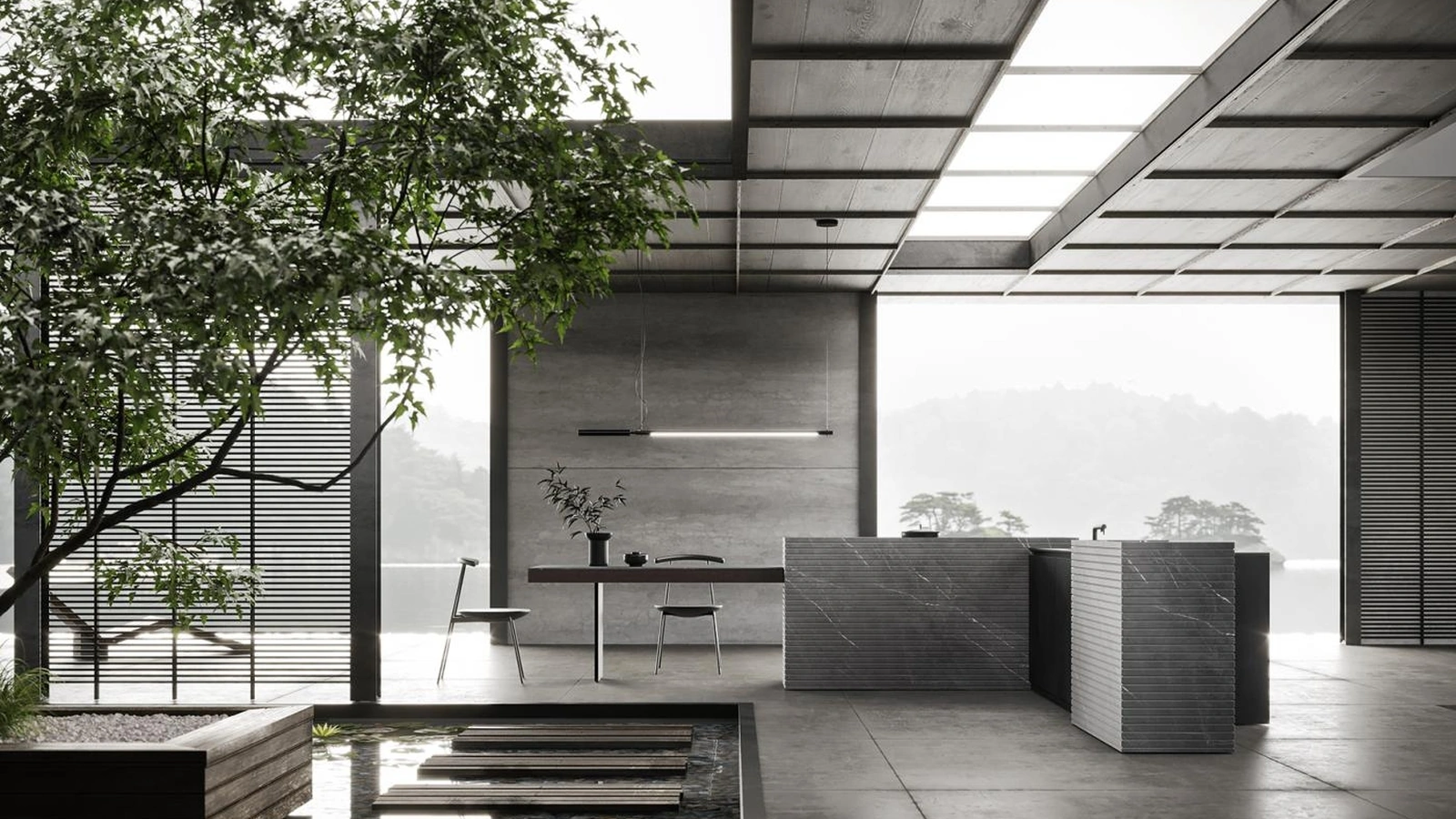 Cucina Design con isola Project 02 in gres e legno massello di Modulnova