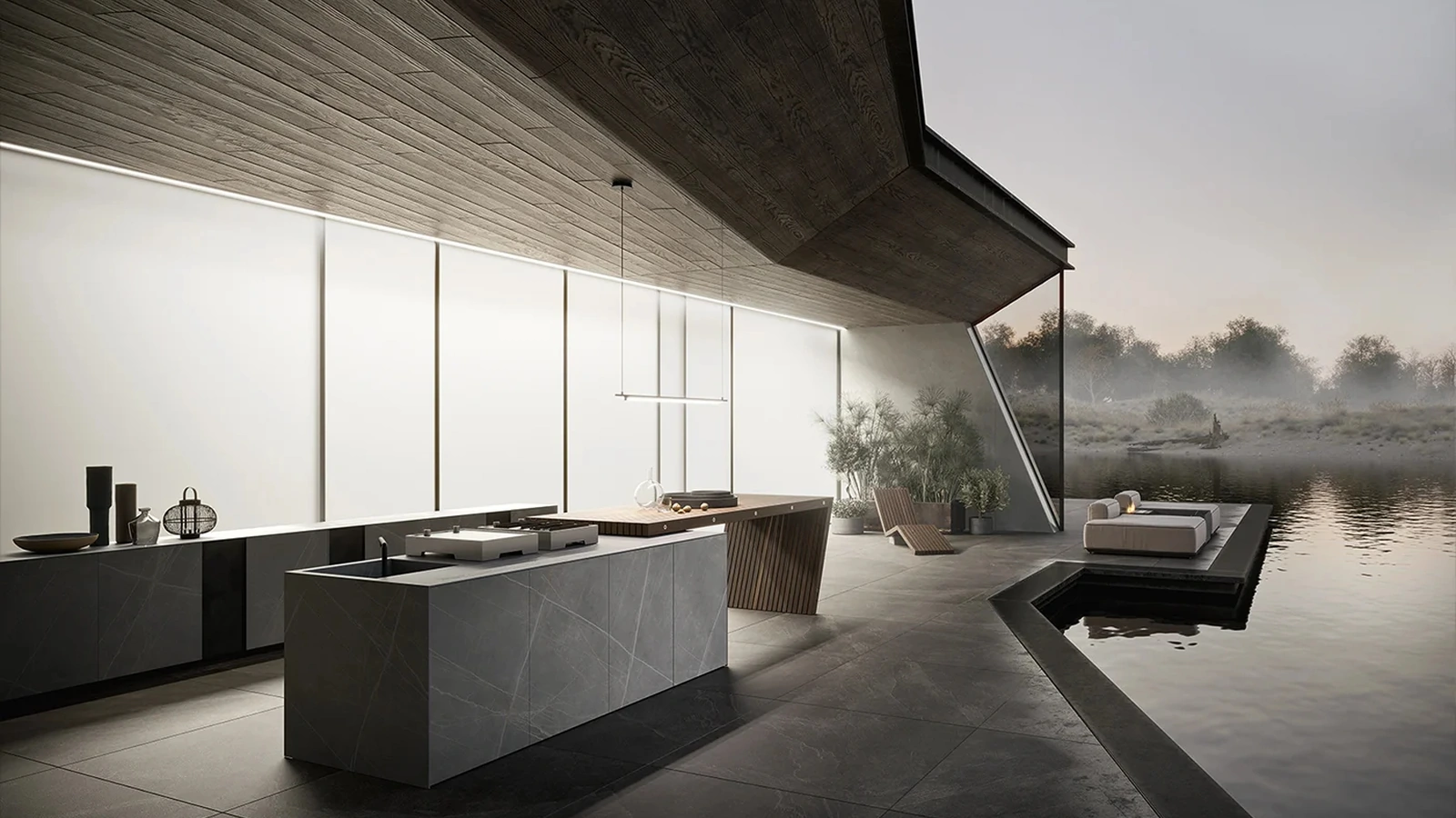 Cucina Design con isola Project 04 in gres e legno massello di Modulnova