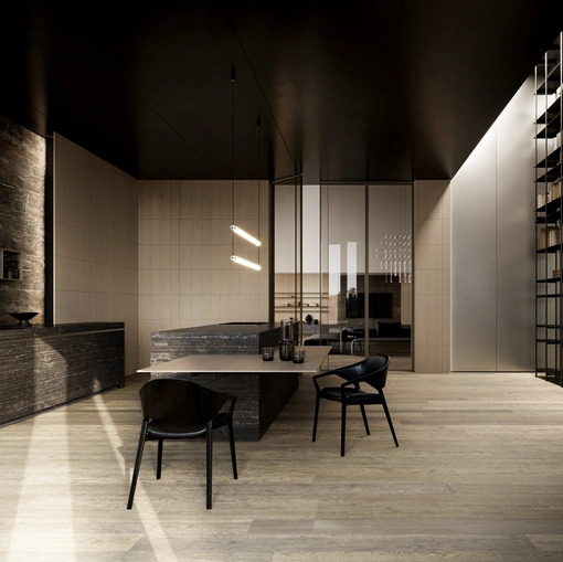Cucina Design con isola Twenty Lab in Travertino Titanium di Modulnova