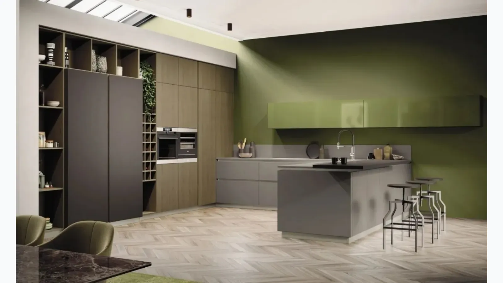 Cucina Moderna con penisola AL 32 08 in Fenix Grigio Londra e pensili in Vetro Verde Oliva di Arrex