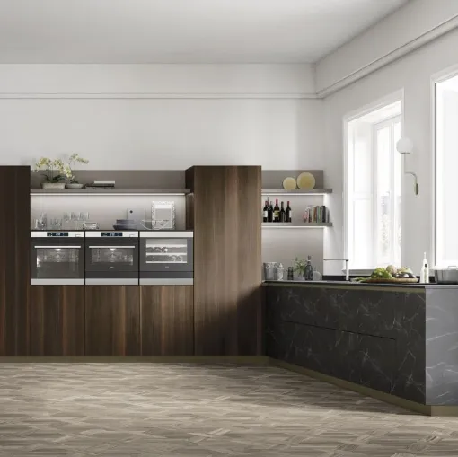 Cucina Moderna angolare AL 32 09 in HPL effetto Marmo e Eucalipto di Arrex