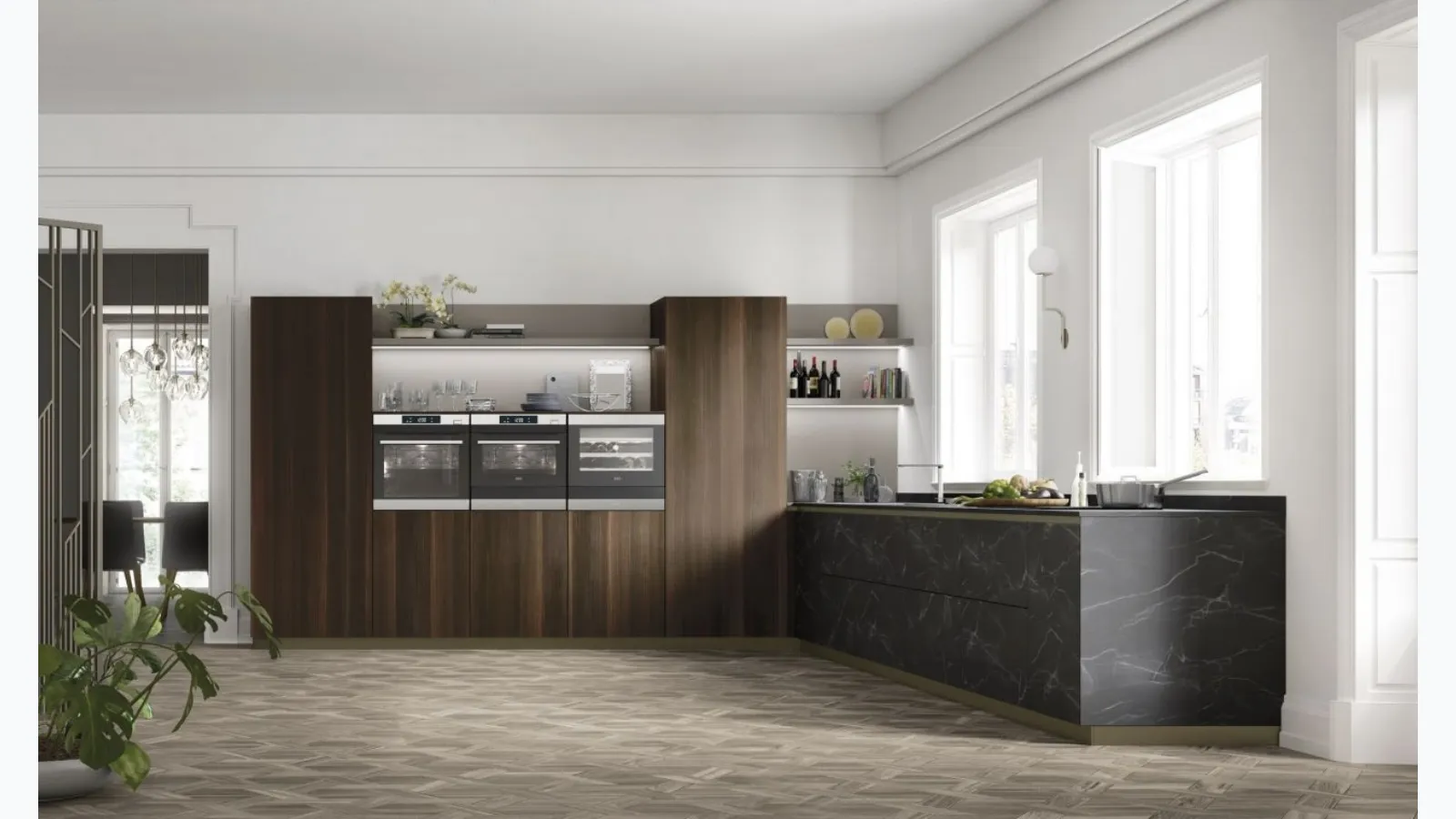 Cucina Moderna angolare AL 32 09 in HPL effetto Marmo e Eucalipto di Arrex