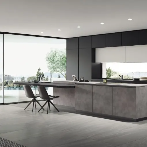 Cucina Moderna con isola AL 32 04 in HPL Cemento e Vetro opaco Nero di Arrex